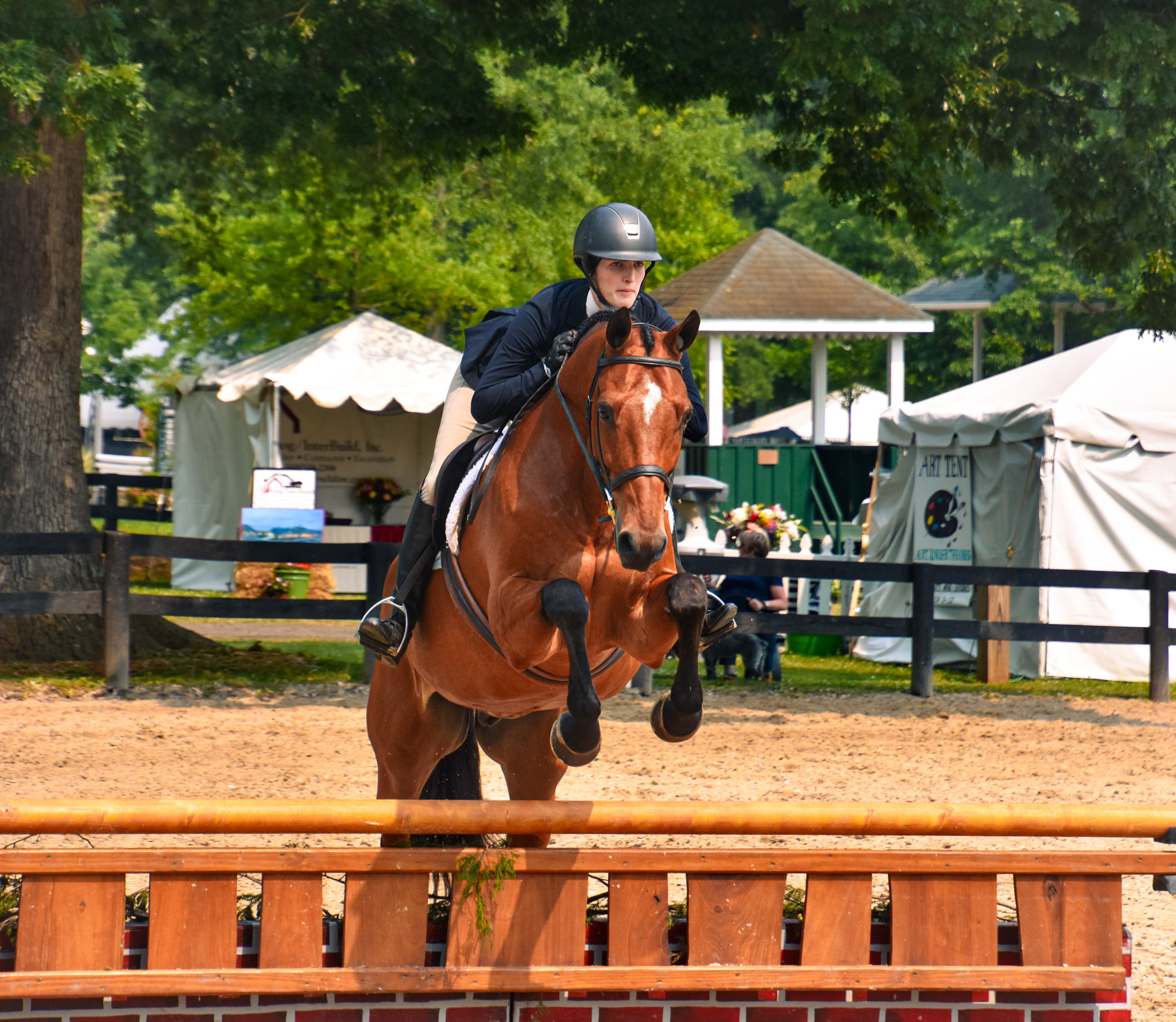 A rider wearing a helmet and a brown horse jump over a wooden jump